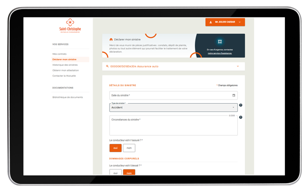 écran déclaration de sinistre de l'espace sociétaire particulier 