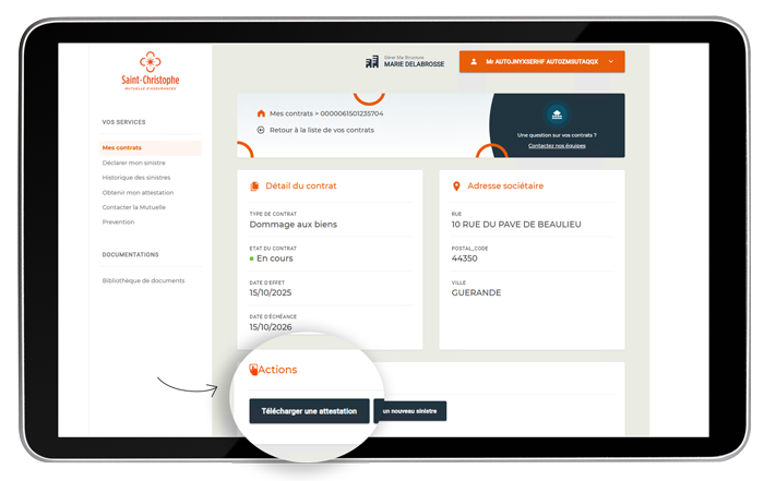 écran télécharger une attestation depuis détails des contrats : espace sociétaire collectivités