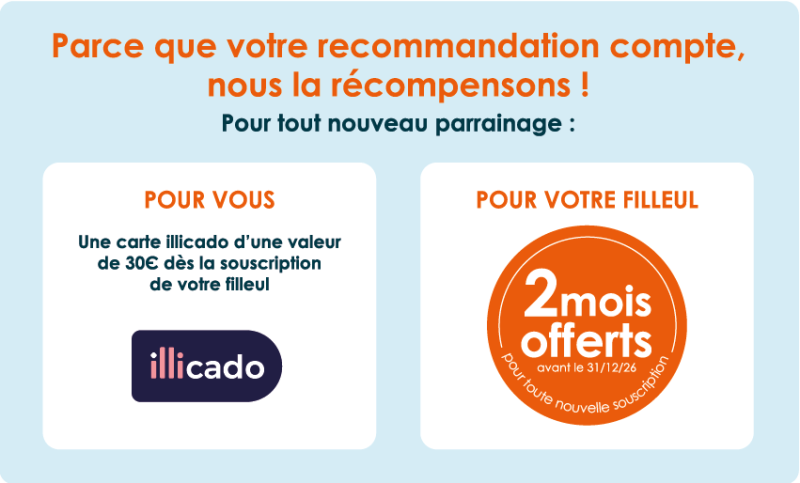 Carte cadeau 30€ pour vous et 2 mois offert pour votre filleul